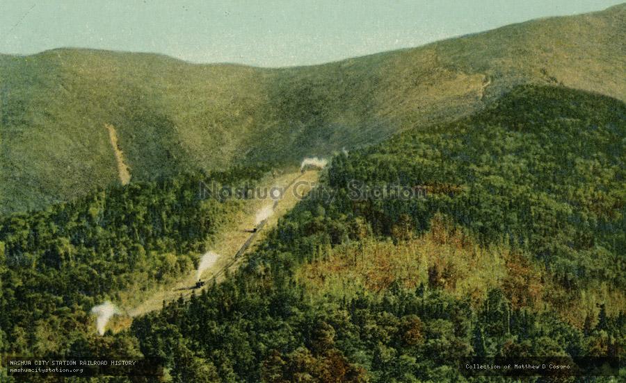 Postcard: Trains ascending Mt. Washington, White Mountains, New Hampshire